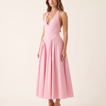Elara Backless Halter A-Line Midi Dress – Pink studio variant