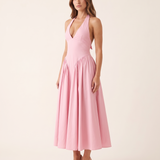 Elara Backless Halter A-Line Midi Dress – Pink studio variant