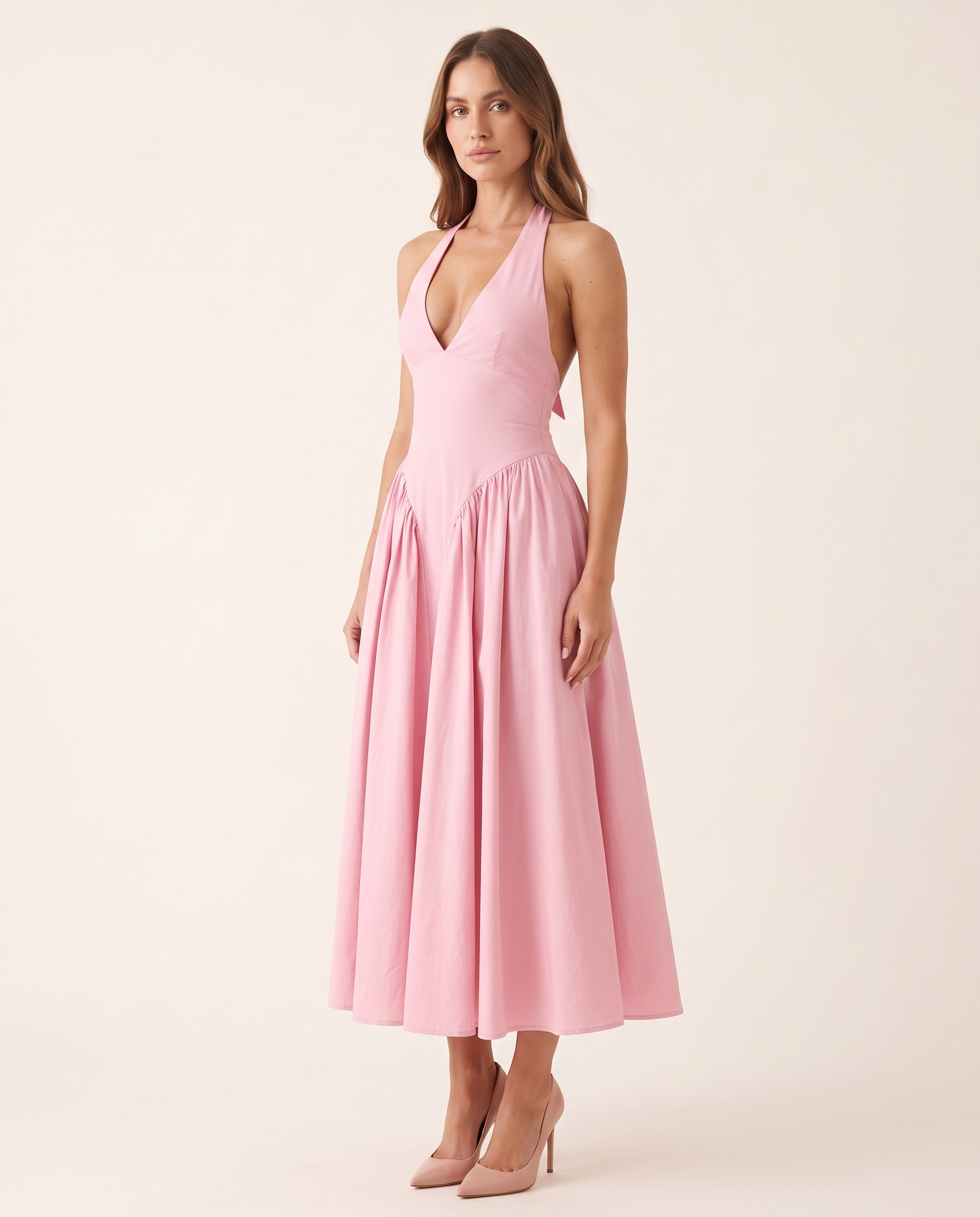 Elara Backless Halter A-Line Midi Dress – Pink studio variant