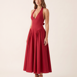 Elara Backless Halter A-Line Midi Dress – Red studio variant