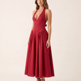 Elara Backless Halter A-Line Midi Dress – Red studio variant