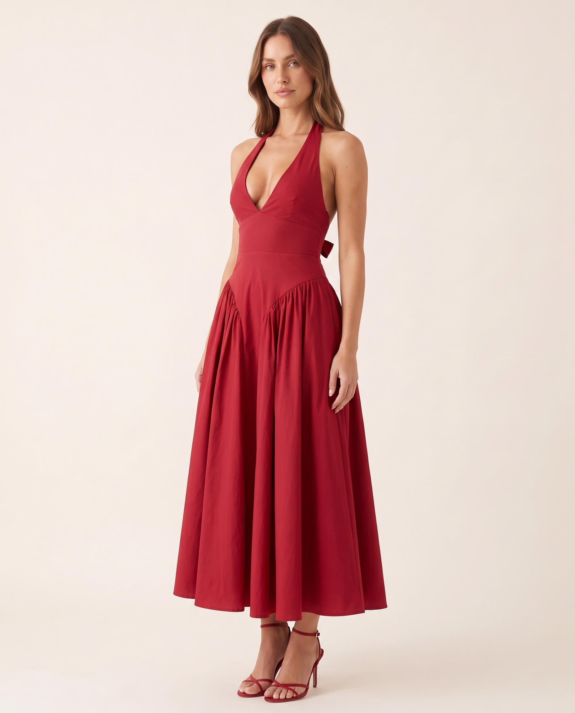 Elara Backless Halter A-Line Midi Dress – Red studio variant