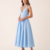 Elara Backless Halter A-Line Midi Dress – Sky Blue studio variant