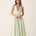 Elara Backless Halter A-Line Midi Dress – studio front view