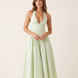 Elara Backless Halter A-Line Midi Dress – studio front view