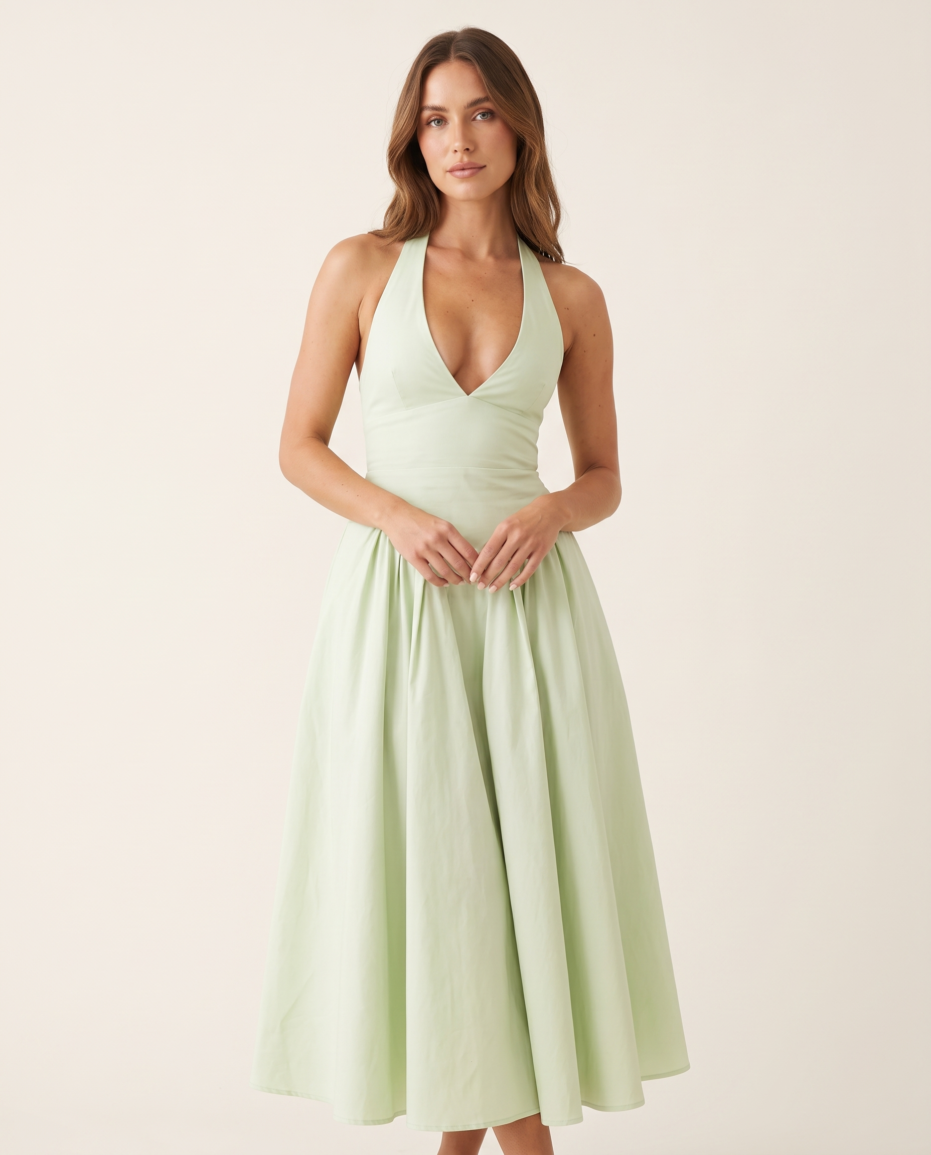 Elara Backless Halter A-Line Midi Dress – studio front view