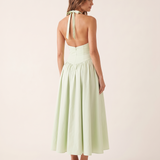 Elara Backless Halter A-Line Midi Dress – studio back view
