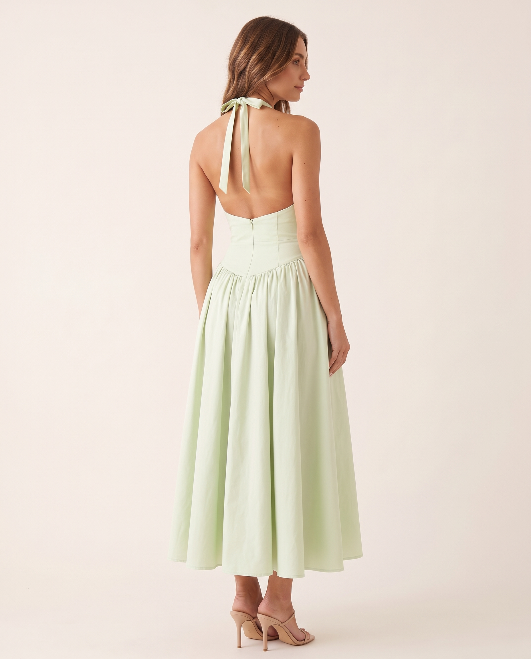 Elara Backless Halter A-Line Midi Dress – studio back view