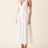 Elara Backless Halter A-Line Midi Dress – White studio variant