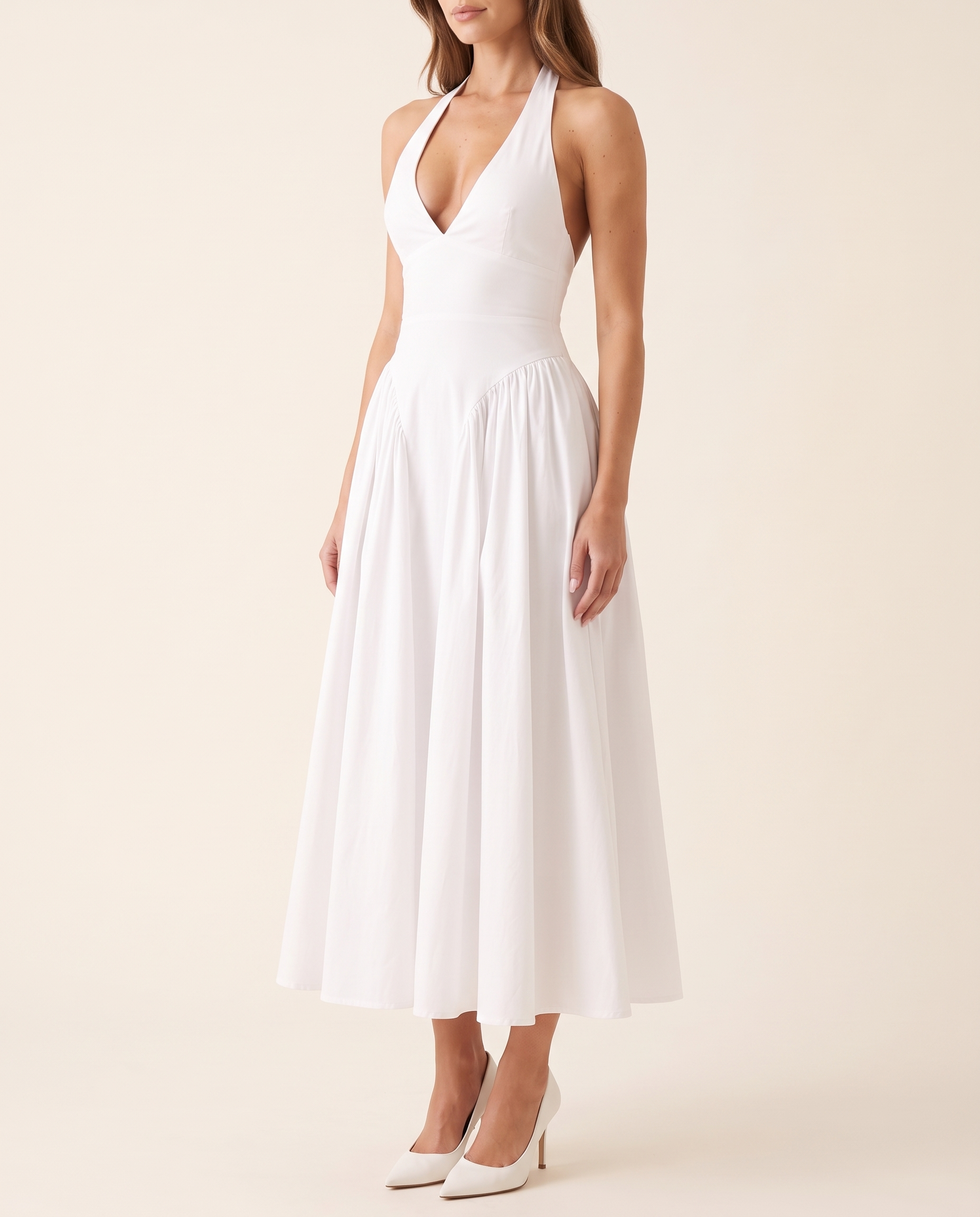 Elara Backless Halter A-Line Midi Dress – White studio variant