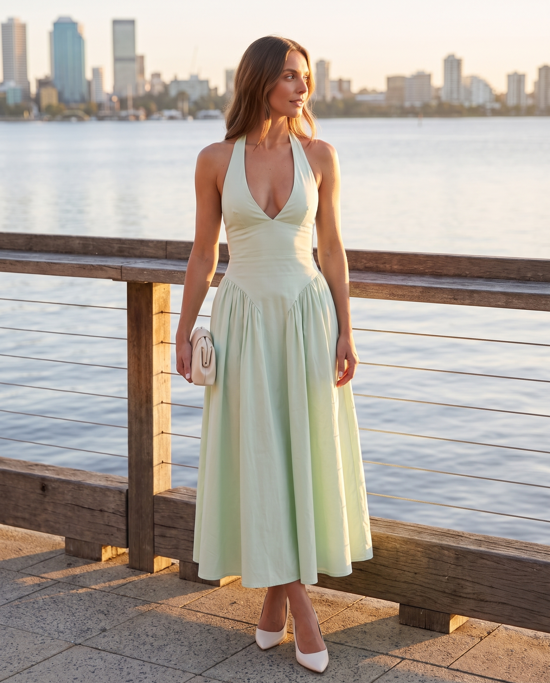 Backless Halter A-Line Midi Dress — Green — Perth riverside lifestyle