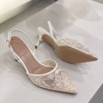 Elegant Floral Embroidered Mesh Slingback Heels — detail view