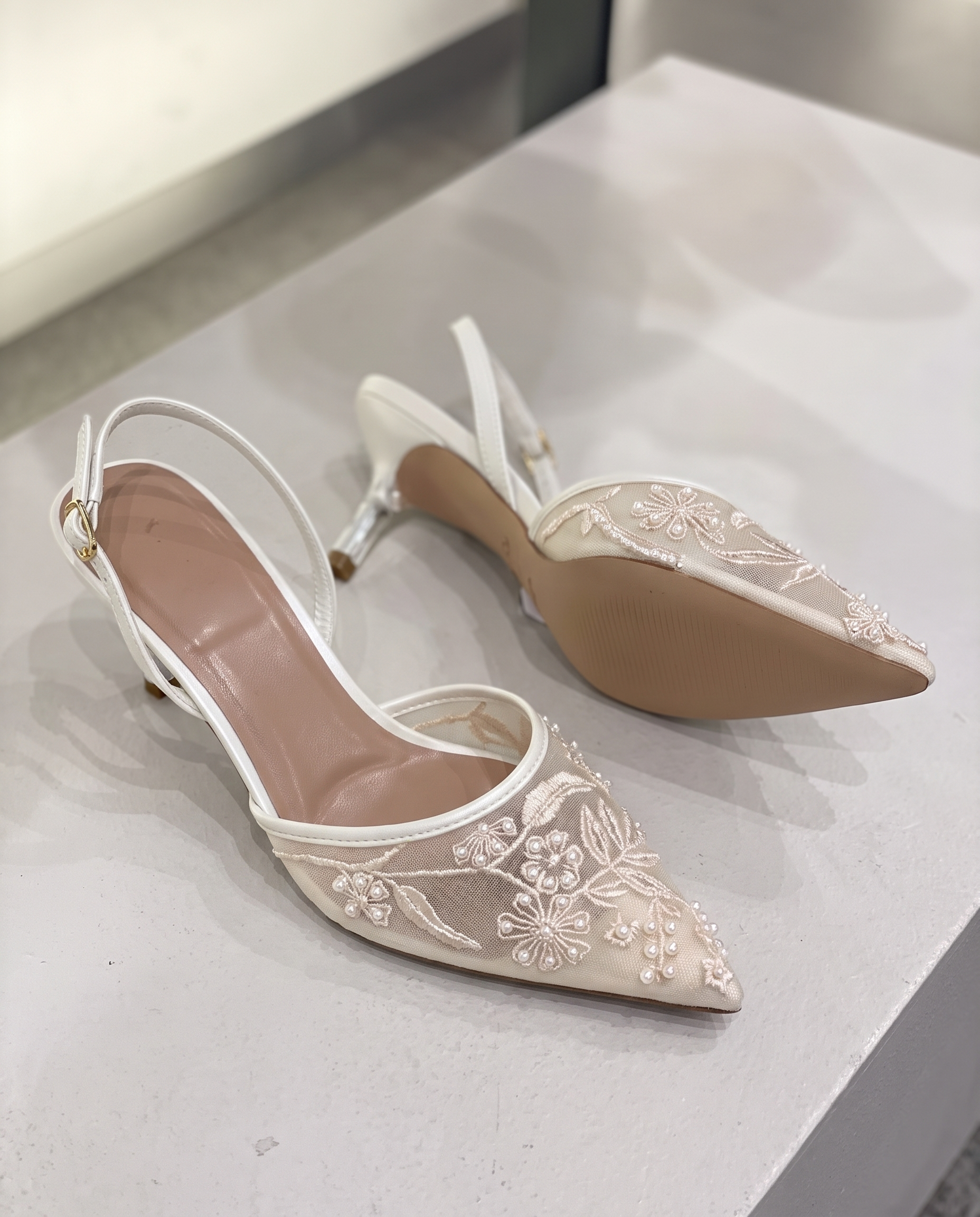 Elegant Floral Embroidered Mesh Slingback Heels — detail view