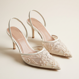 Elegant Floral Embroidered Mesh Slingback Heels — hero view
