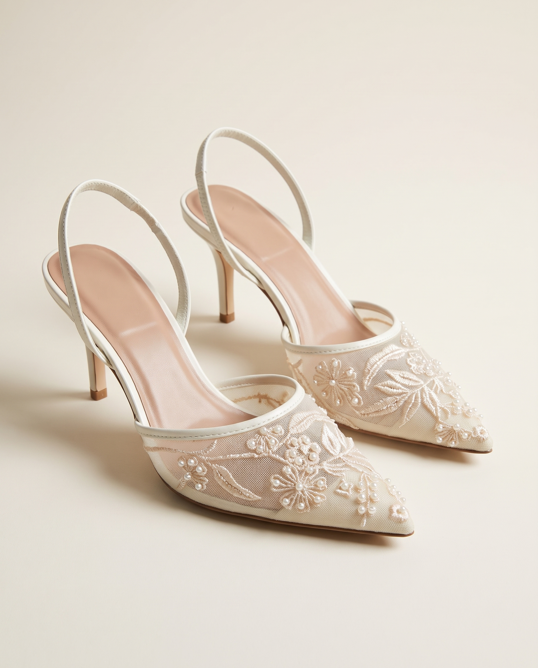 Elegant Floral Embroidered Mesh Slingback Heels — hero view