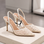 Elegant Floral Embroidered Mesh Slingback Heels — side view