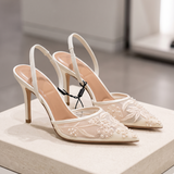 Elegant Floral Embroidered Mesh Slingback Heels — side view