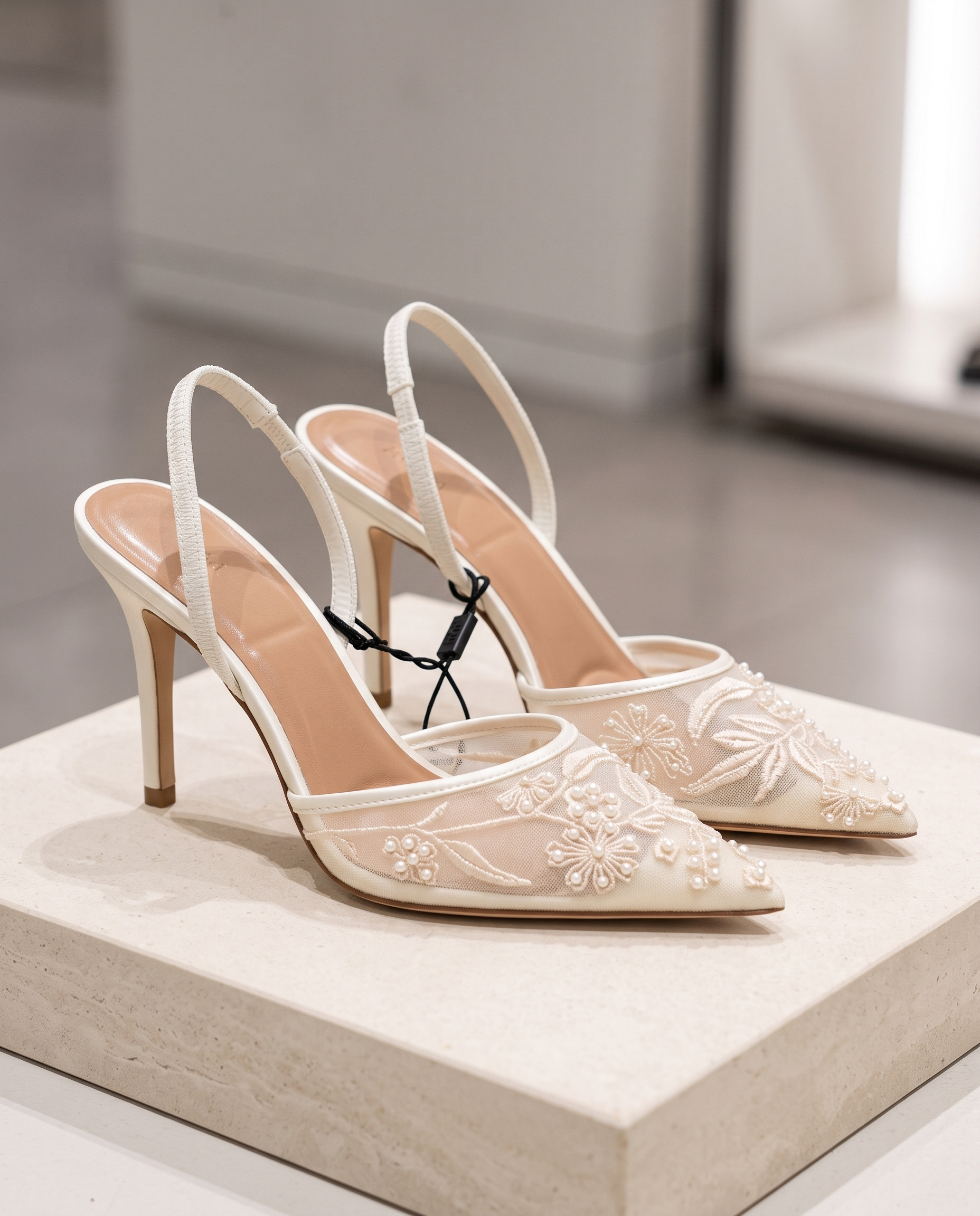Elegant Floral Embroidered Mesh Slingback Heels — side view