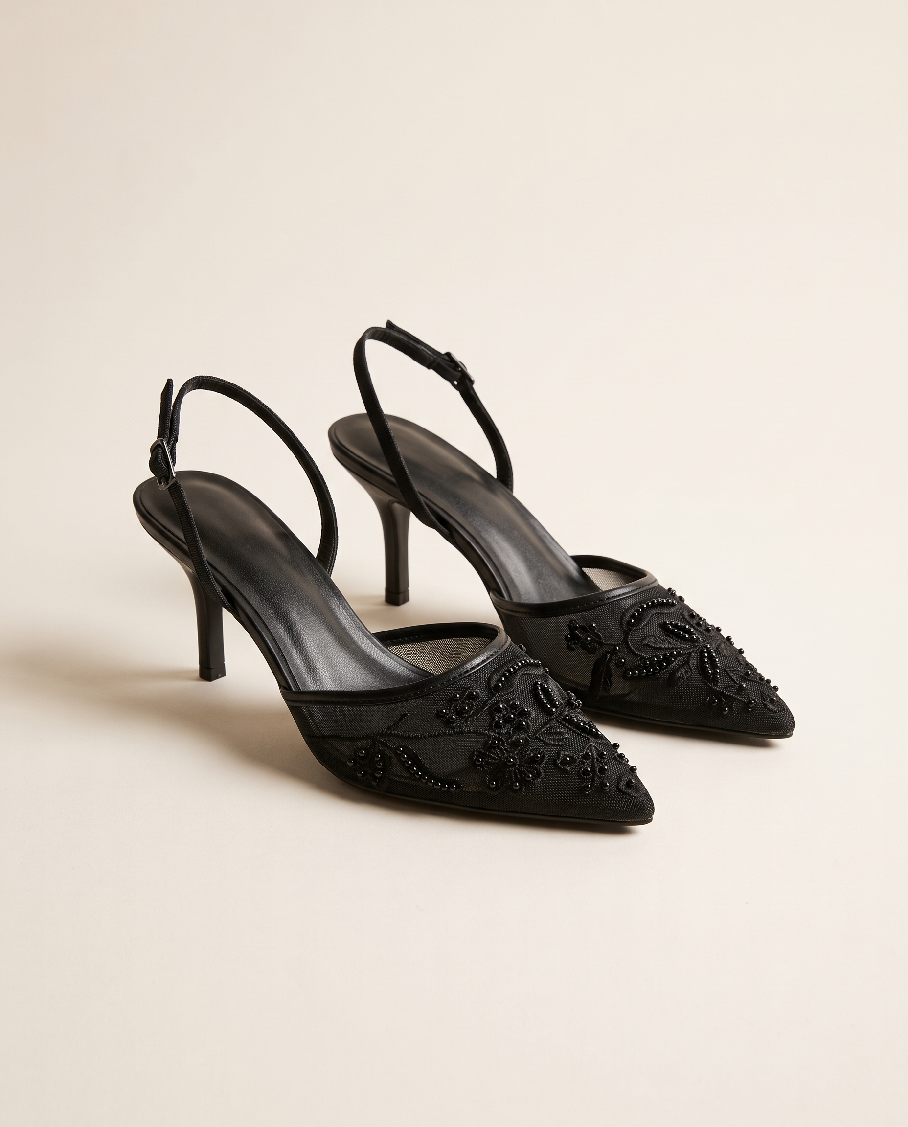 Elegant Floral Embroidered Mesh Slingback Heels — MCZ-R black variant