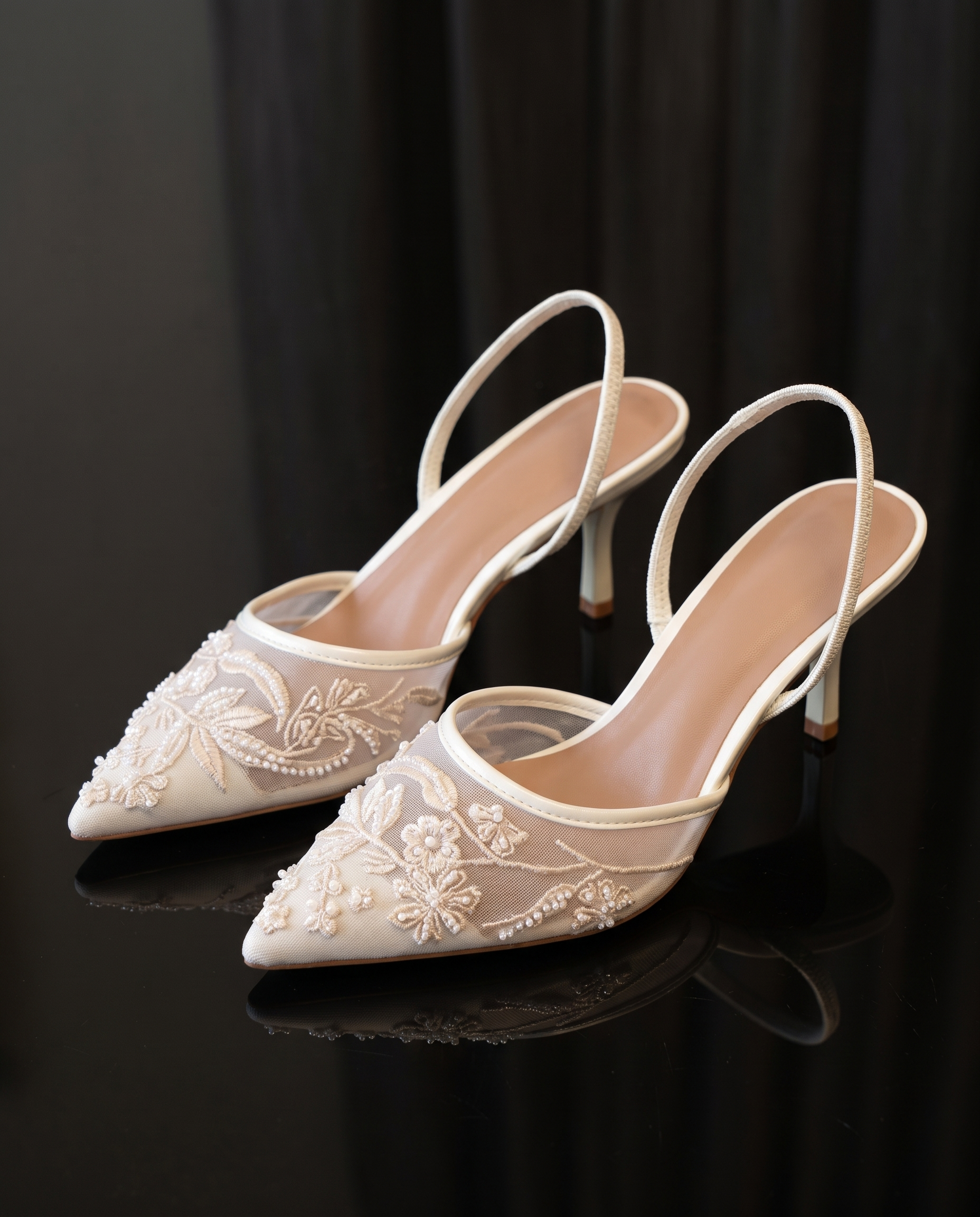 Elegant Floral Embroidered Mesh Slingback Heels — MCZ-R white variant