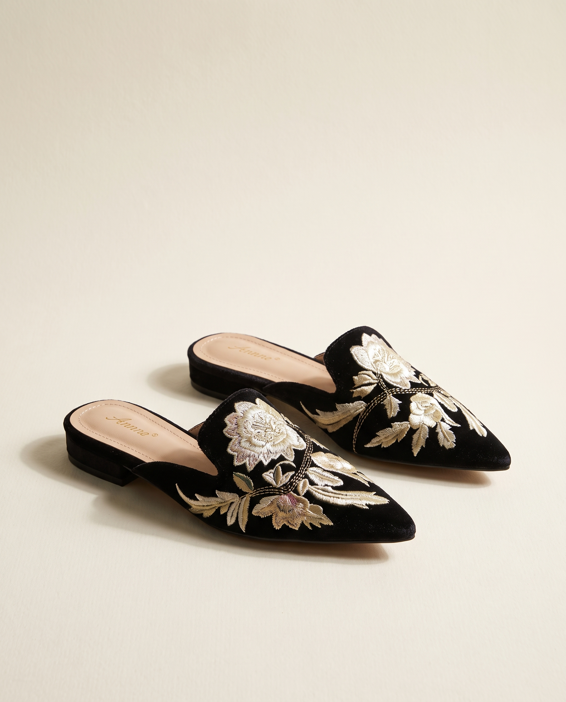 Elegant Floral Embroidered Pointed-Toe Mules — hero view