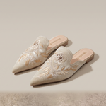 Elegant Floral Embroidered Pointed-Toe Mules — Apricot variant