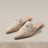 Elegant Floral Embroidered Pointed-Toe Mules — Apricot variant
