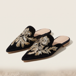 Elegant Floral Embroidered Pointed-Toe Mules — Black gold variant