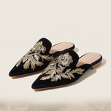 Elegant Floral Embroidered Pointed-Toe Mules — Black gold variant