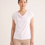 Draped Cowl-Neck Short-Sleeve Blouse — White studio front view