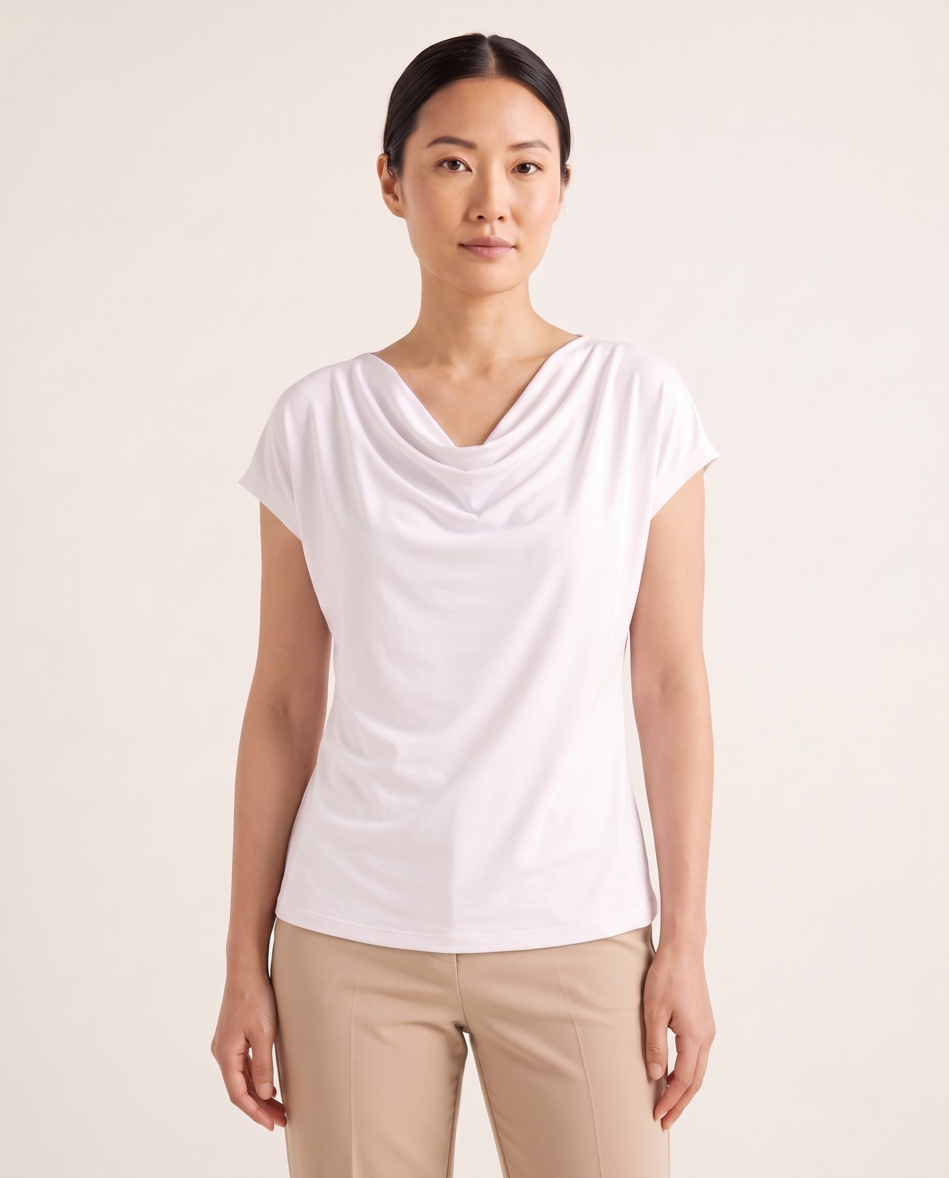 Draped Cowl-Neck Short-Sleeve Blouse — White studio front view