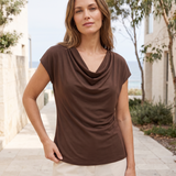 Elise Draped Cowl-Neck Short-Sleeve Blouse – Australian lifestyle view