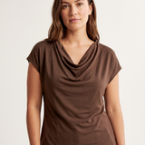 Elise Draped Cowl-Neck Short-Sleeve Blouse – studio front view