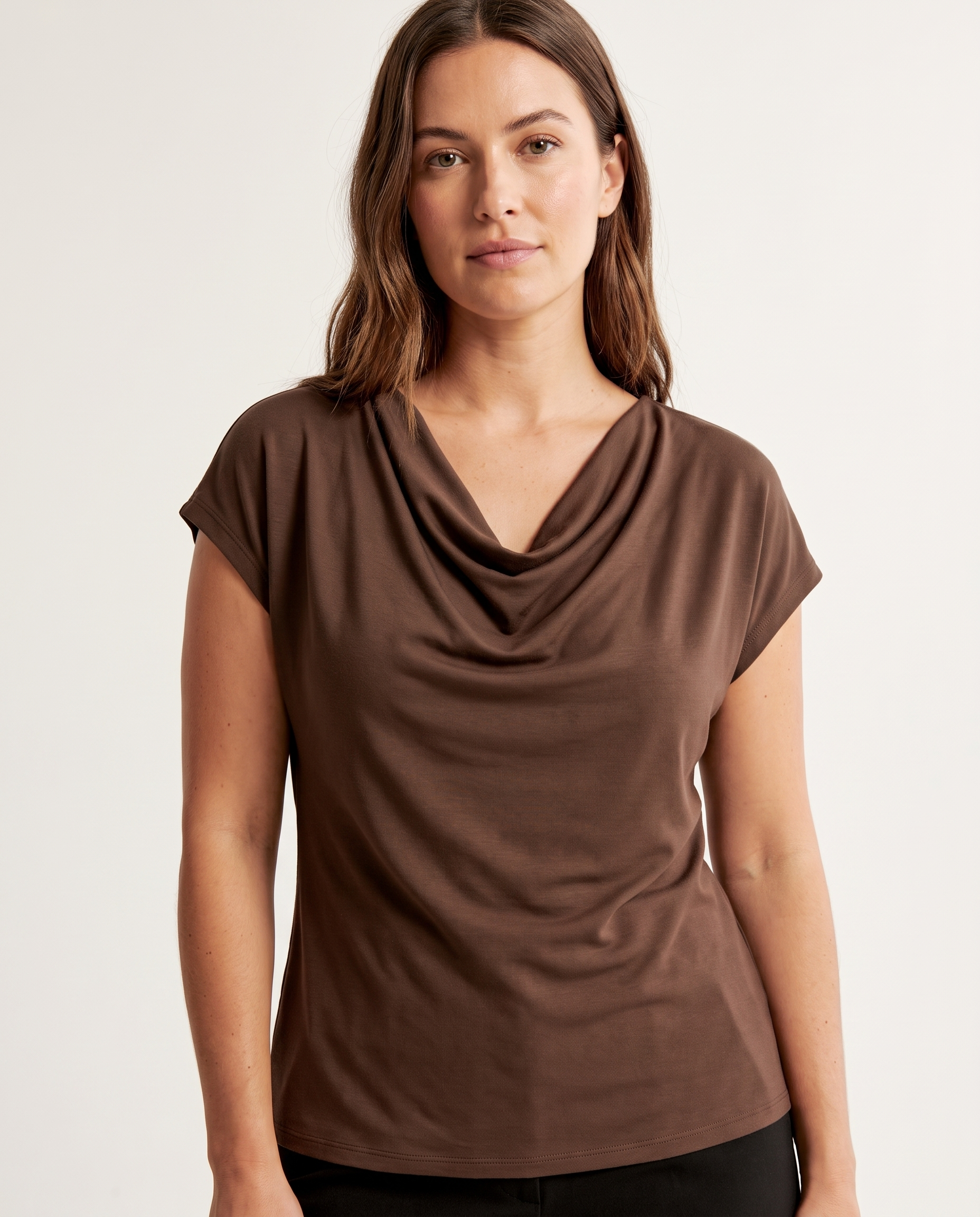 Elise Draped Cowl-Neck Short-Sleeve Blouse – studio front view