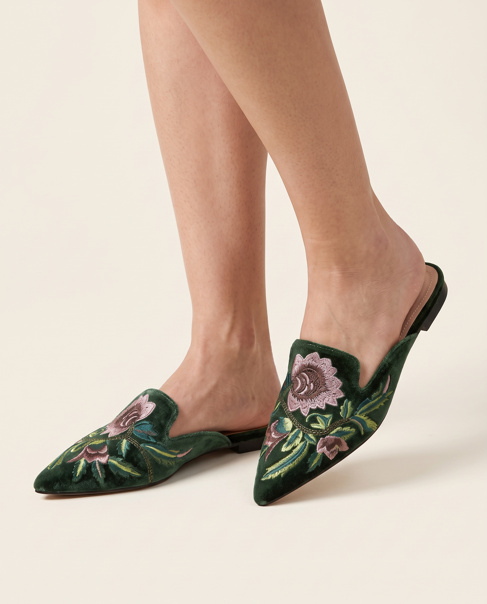 Elegant Floral Embroidered Pointed-Toe Mules — Australian studio lifestyle view