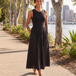 Essential Black Midi Dress with Pockets – Australian lifestyle view