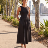 Essential Black Midi Dress with Pockets – Australian lifestyle view