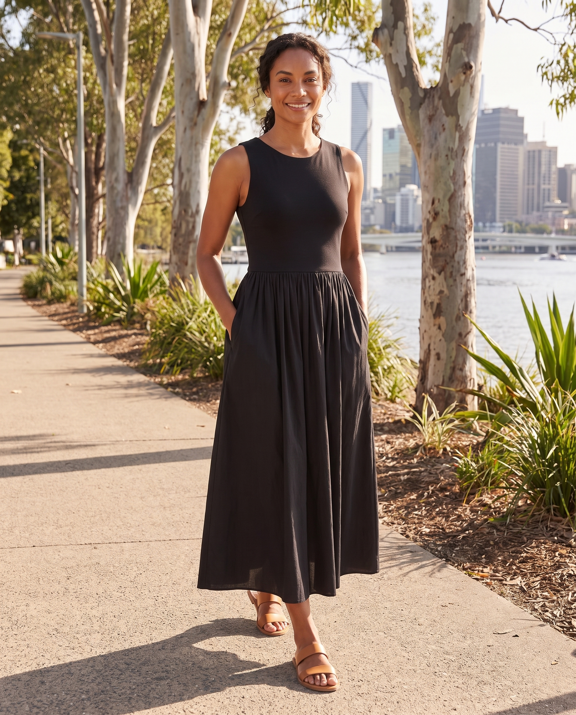 Essential Black Midi Dress with Pockets – Australian lifestyle view