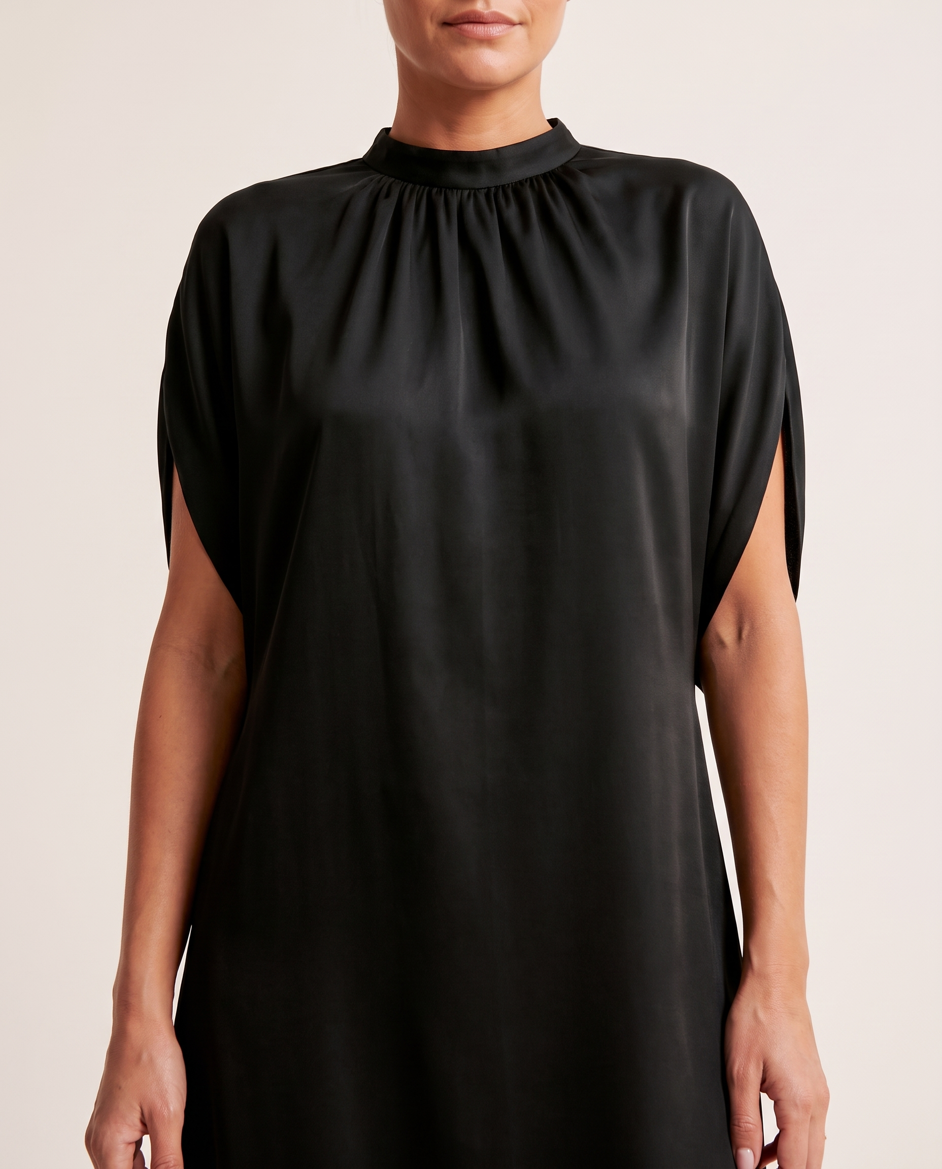 Evangeline | Figure-Flattering V-Neck Dress — Black — fabric detail