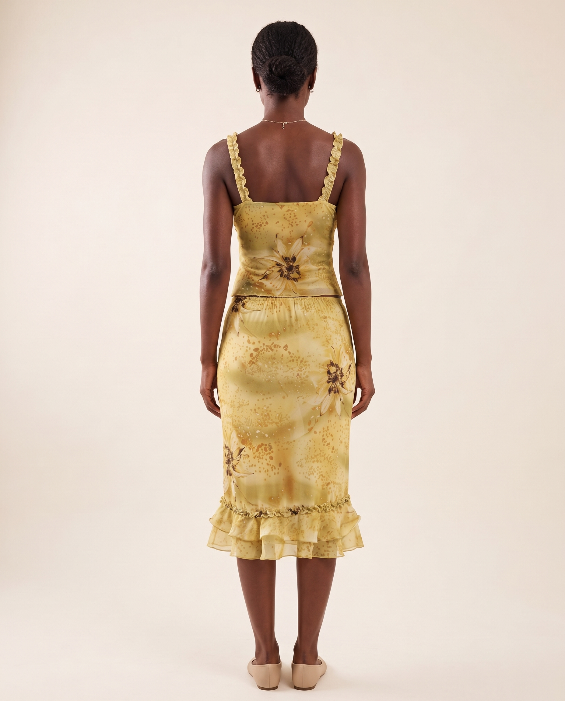 Fern Sheer Ruffle Camisole and Midi Skirt Set — Yellow Green — back view