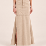 Button-Waist Denim Fishtail Maxi Skirt — corrected front view