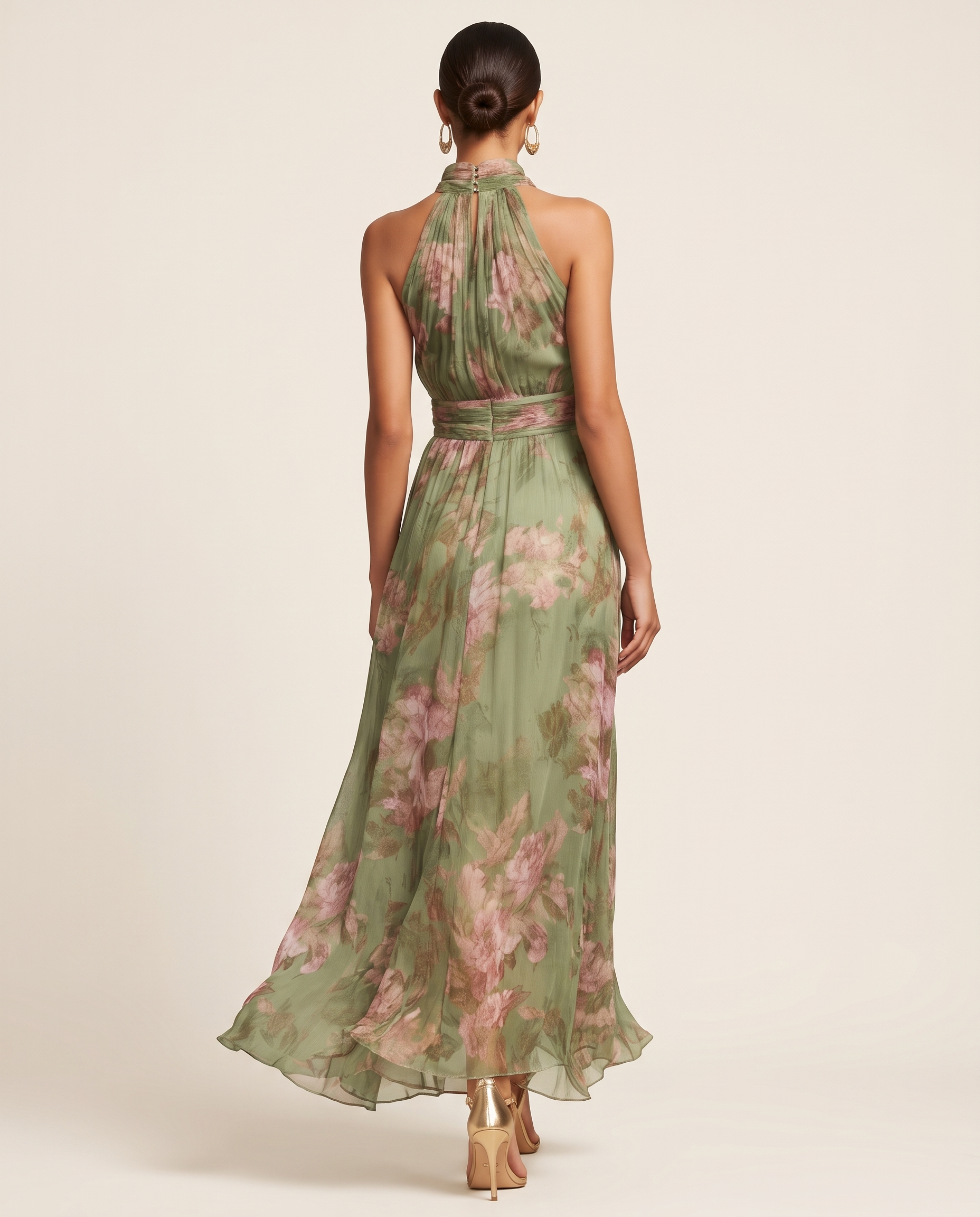 Floral halter chiffon maxi dress back