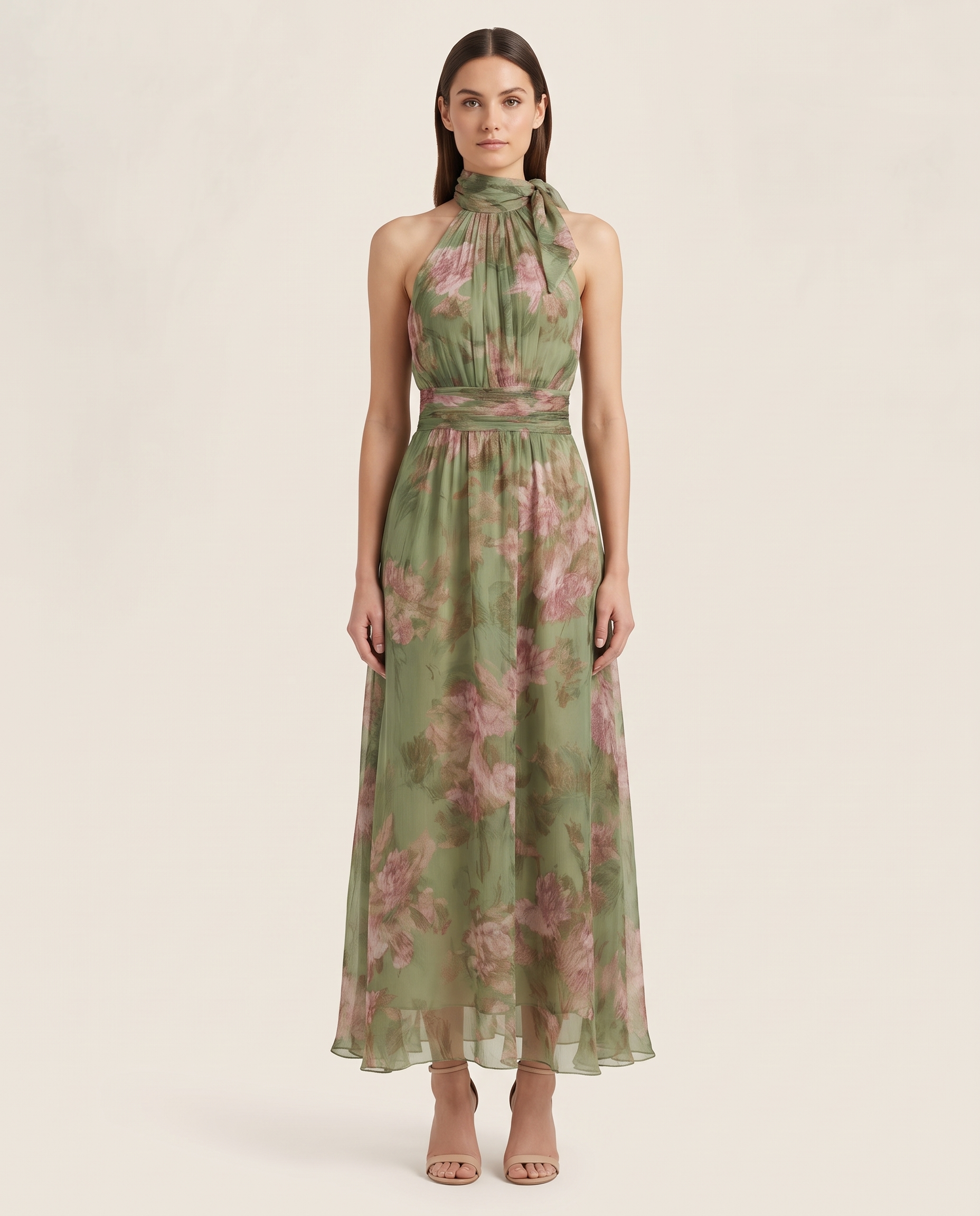 Floral halter chiffon maxi dress front