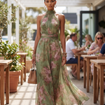 Floral halter chiffon maxi dress Australian lunch lifestyle