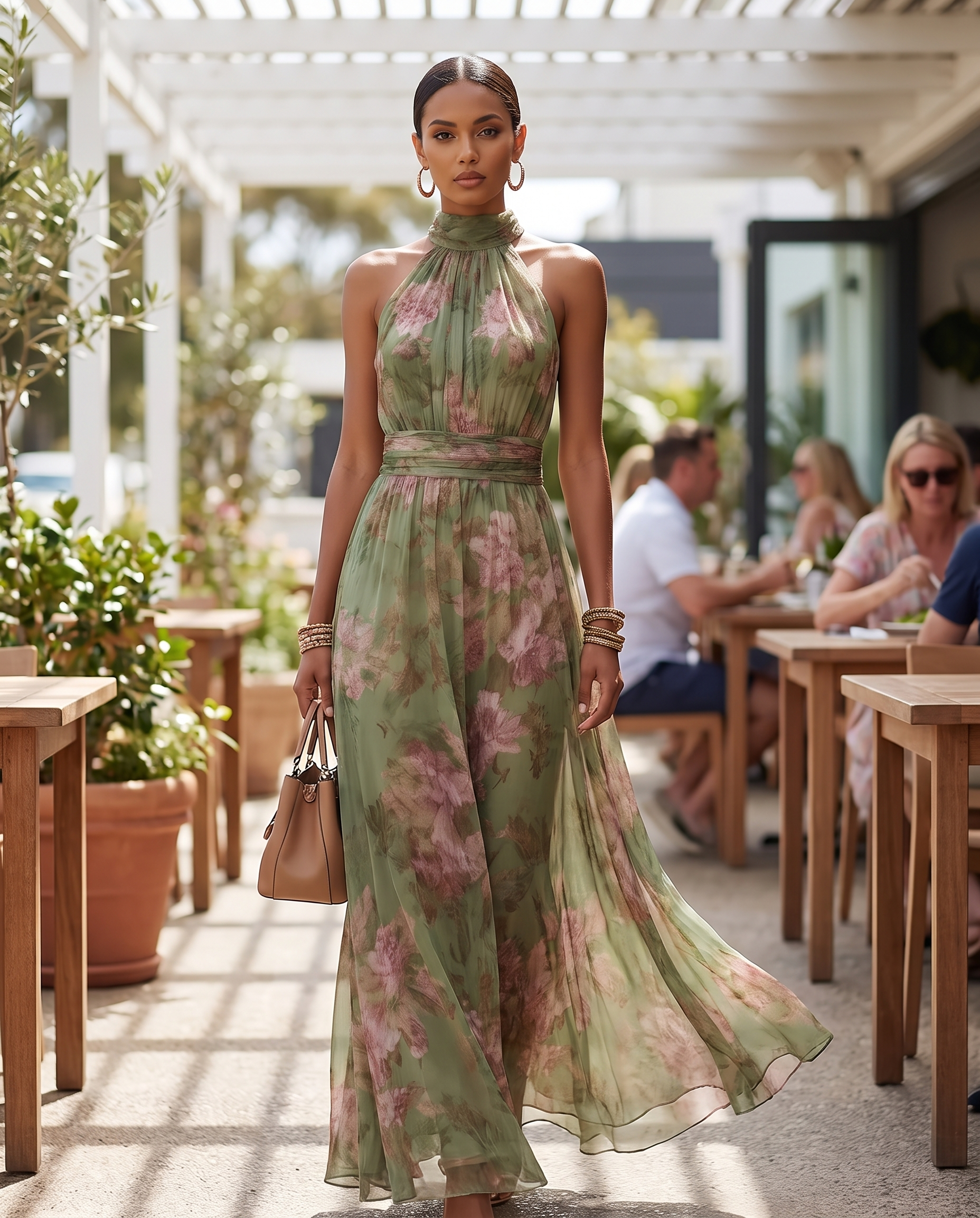 Floral halter chiffon maxi dress Australian lunch lifestyle