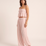 Floral Lace Ruffle Crop Top and Lantern Trouser Set – three-quarter view