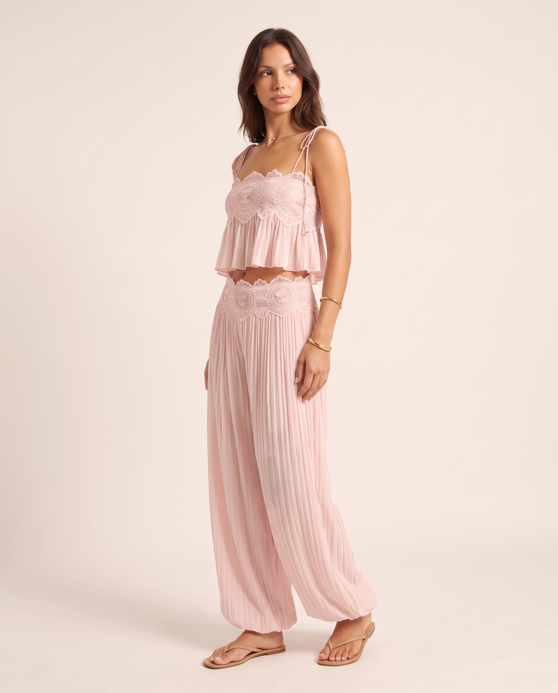 Floral Lace Ruffle Crop Top and Lantern Trouser Set – three-quarter view