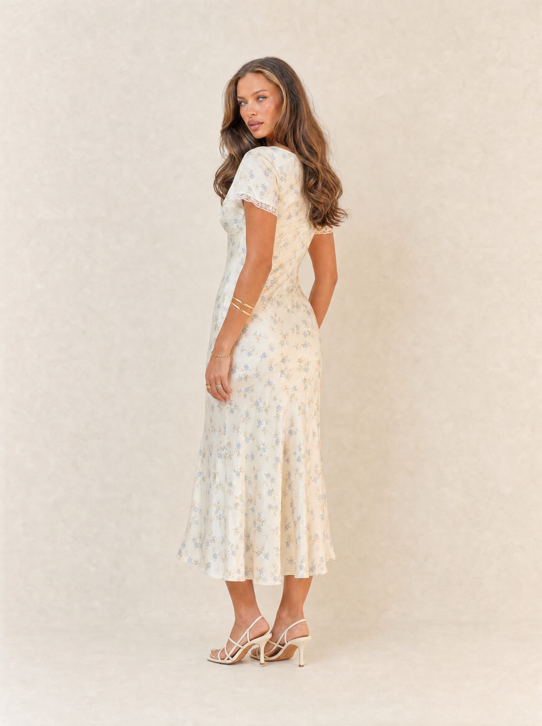 Ruffle-Neck Floral Satin Midi Dress – alternate product view