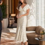 Ruffle-Neck Floral Satin Midi Dress – product detail view 3