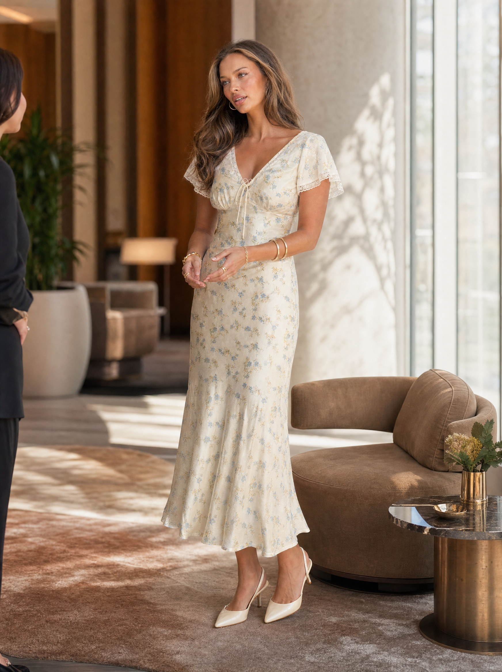 Ruffle-Neck Floral Satin Midi Dress – product detail view 3